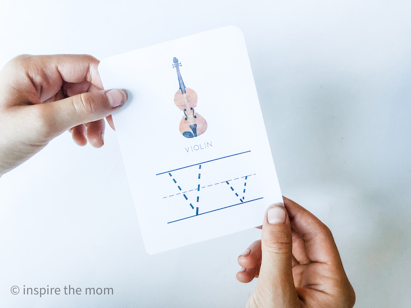 v words for kids letter tracing card (violin) - inspire the mom