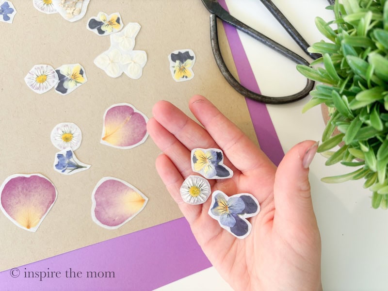 Easy DIY stickers using dried flowers and packing tape. www.inspirethemom.com