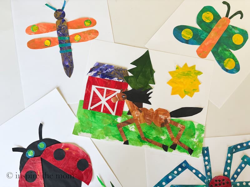 How to Make Eric Carle-Inspired Art: Easy Collage for Kids. Cover collages. www.inspirethemom.com