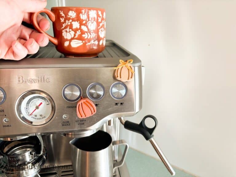 How to make Pumpkin Clay magnets, an easy fall craft. (magnets on esspresso maker) www.inspirethemom.com