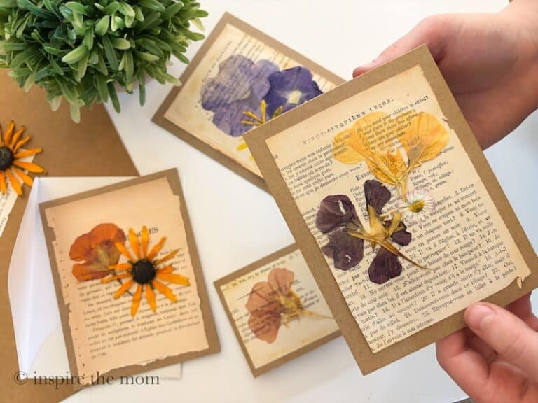 DIY Pressed Flower Cards: How to Make Vintage Book Page Greeting Cards. cover. www.inspirethemom.com