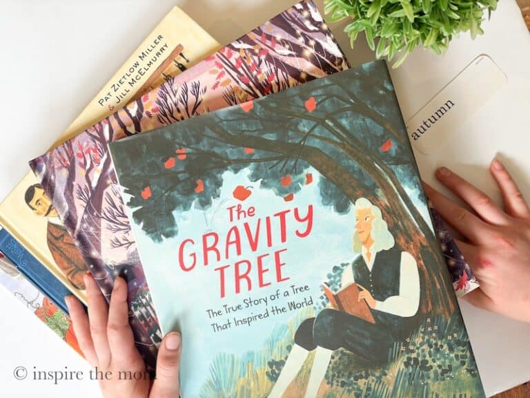 Cozy Fall Books for Kids: Picture Books to Read This Autumn. The Gravity Tree stack of books. www.inspirethemom.com