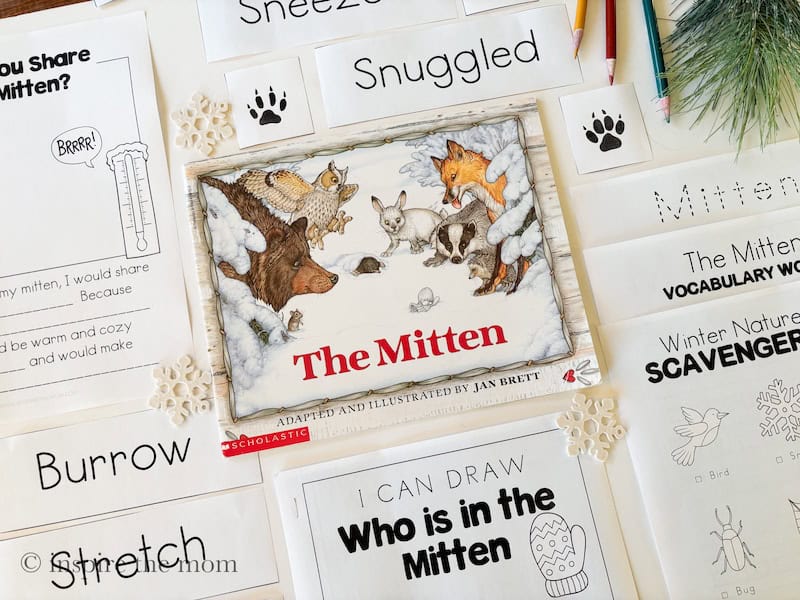 The Mitten by Jan Brett: Printable Picture Book Activities for Grades 1-3. cover. www.inspirethemom.com