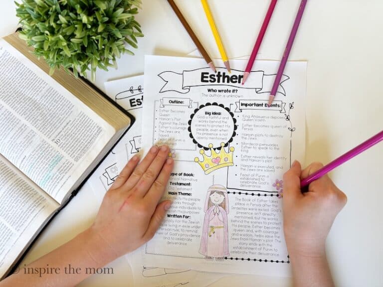 Printable Bible Study for Kids: Illustrated Bible Study Guides. Esther coloring. www.inspirethemom.com